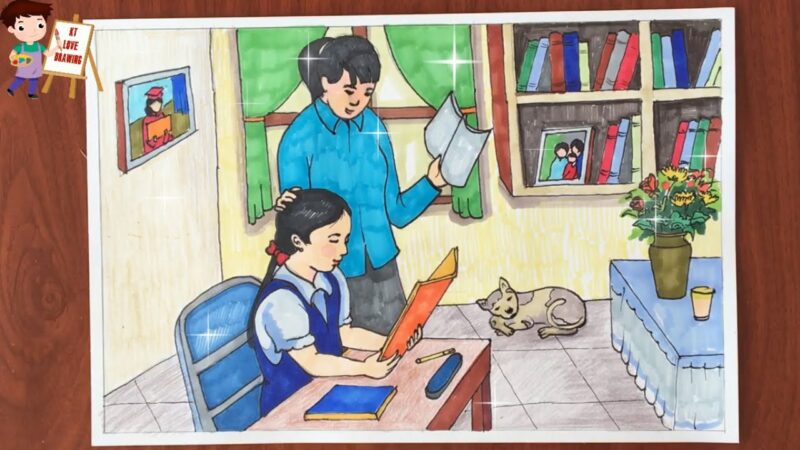 Tranh vẽ mẹ và con gái đang học bài