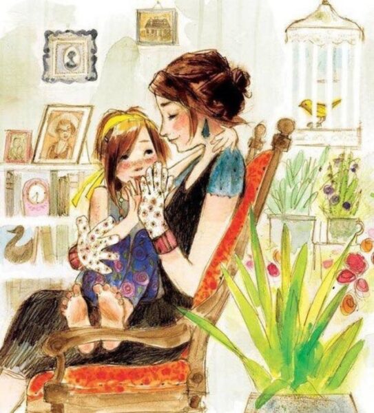 Tranh vẽ mẹ và con gái vui vẻ