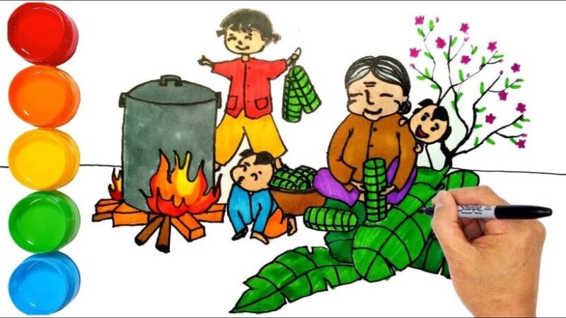 Tranh vẽ ngày tết nấu bánh chưng