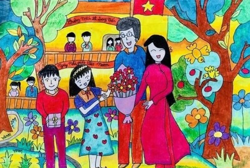 Tranh vẽ nhà giáo Việt Nam tặng hoa đẹp cho thầy cô