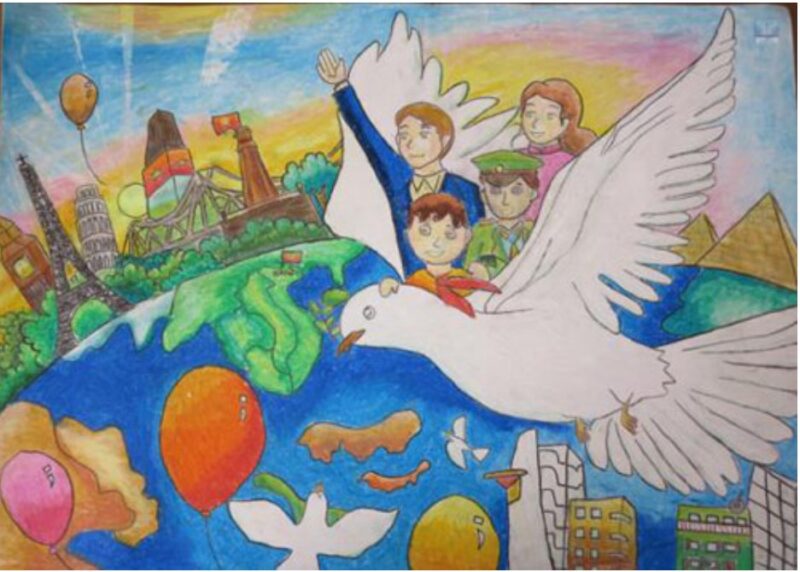 Tranh vẽ thành phố hòa bình cánh chim đi về phía hòa bình