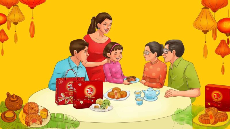 Tranh vẽ trung thu ăn bánh truyền thống