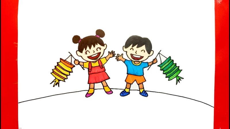 Tranh vẽ trung thu bé cầm lồng đèn