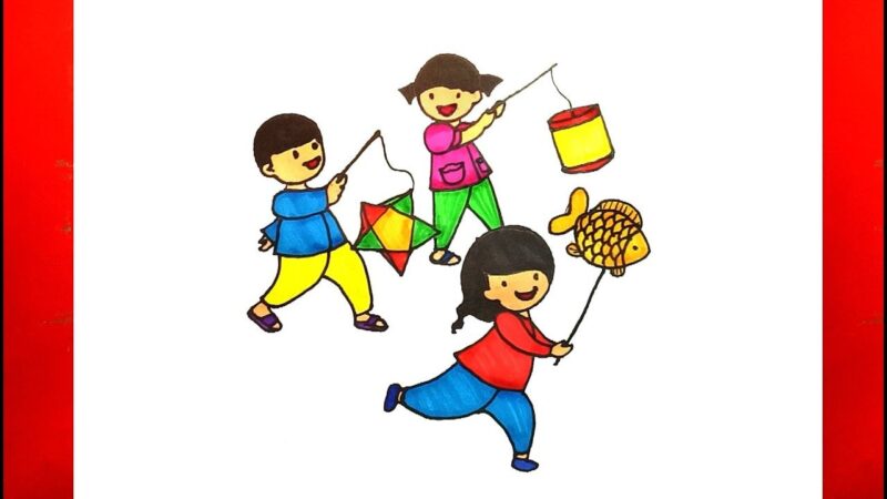 Tranh vẽ trung thu cùng rước đèn