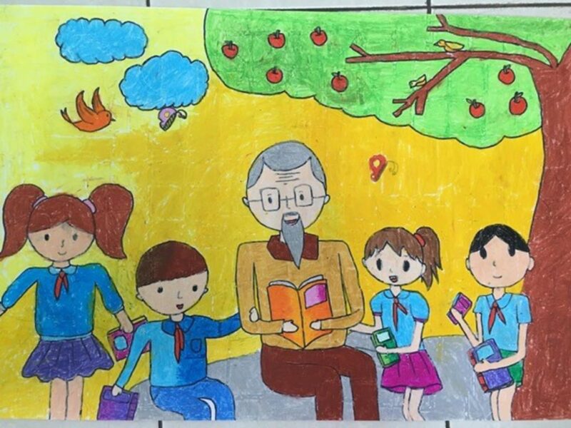 Malen von Onkel Ho mit Kindern, die gelbe Bücher lesen