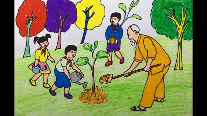 Malen von Onkel Ho mit Kindern, die Bäume pflanzen