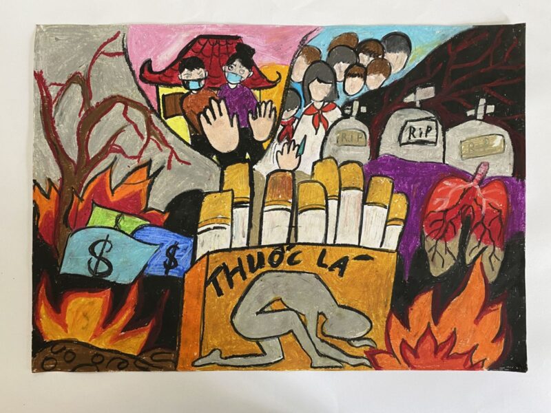 Vẽ tranh cấm hút thuốc lá vì thuốc lá là nấm mồ của con người