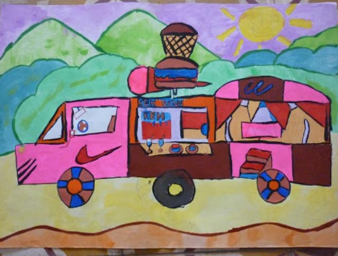 Vẽ tranh chiếc ô tô mơ ước chở kem tươi