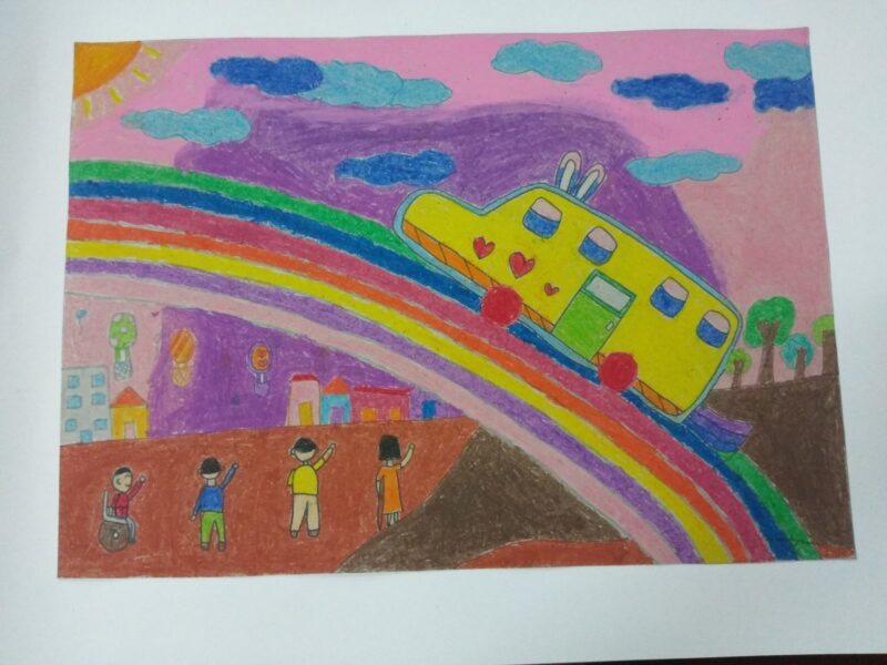 Einen gelben Traumwagen auf einen Regenbogen malen