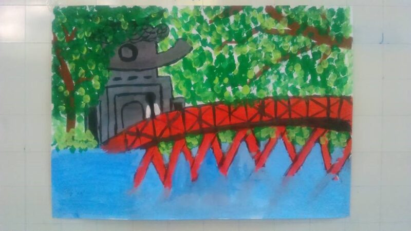 Vẽ tranh chủ đề em yêu Hà Nội cầu thê húc và cây xanh