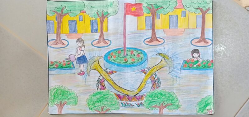 vẽ tranh chủ đề trường học hạnh phúc có vòi phun nước sân trường