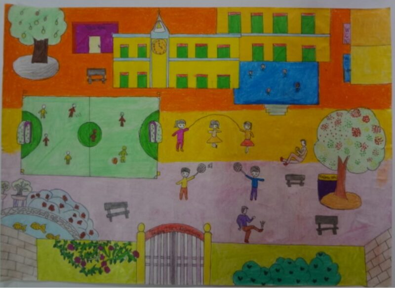 Vẽ tranh công viên xanh trường em bóng mát thể thao