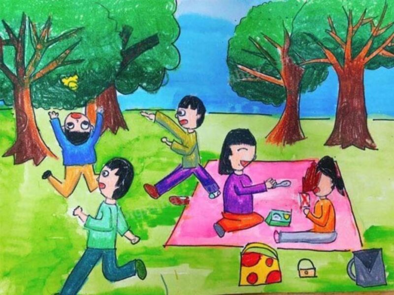 Vẽ tranh công viên xanh trường em cho lớp em buổi ngoại khóa thích thú