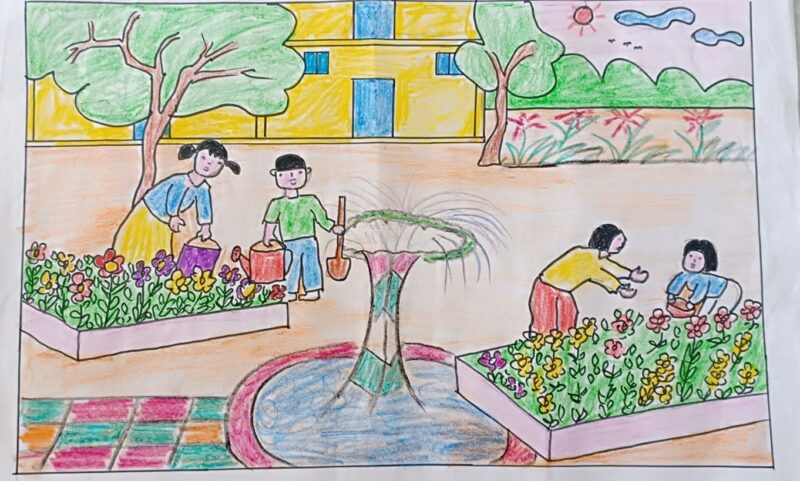 Vẽ tranh công viên xanh trường em có đài phun nước