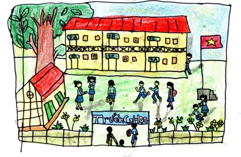 Vẽ tranh công viên xanh trường em ôm lấy lớp học