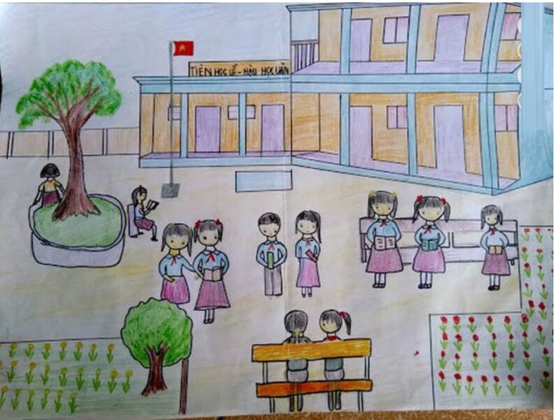 Vẽ tranh công viên xanh trường em trong giờ ra chơi