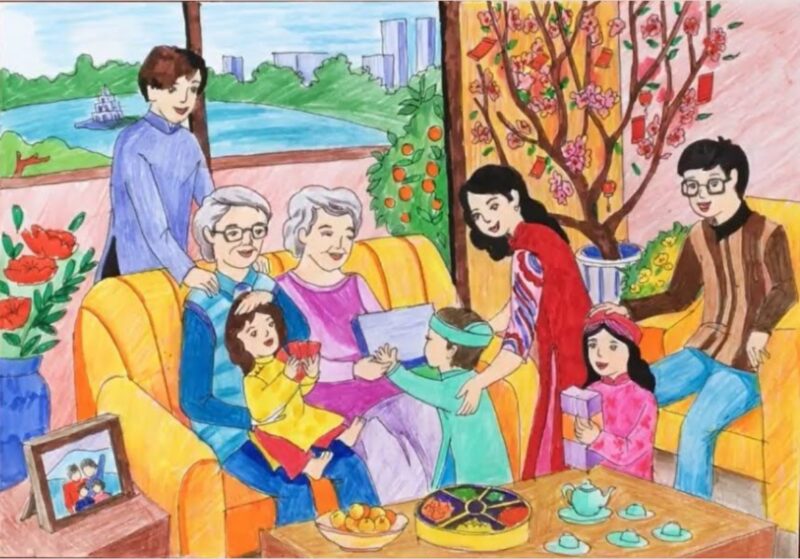 Vẽ tranh cuộc sống sinh hoạt chúc Tết đầu năm