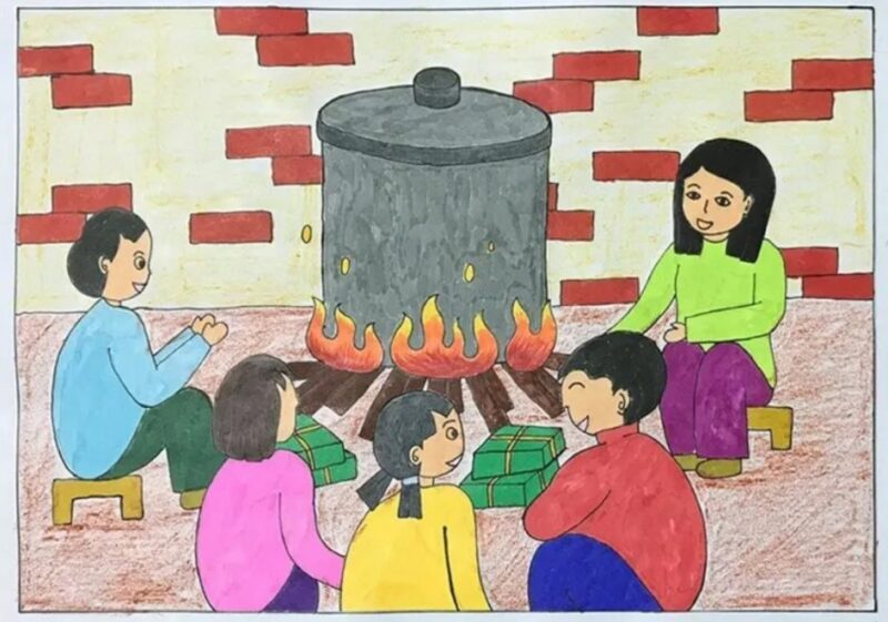 Vẽ tranh cuộc sống sinh hoạt gia đình nấu bánh chưng