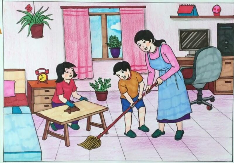 Vẽ tranh cuộc sống sinh hoạt giúp mẹ dọn nhà