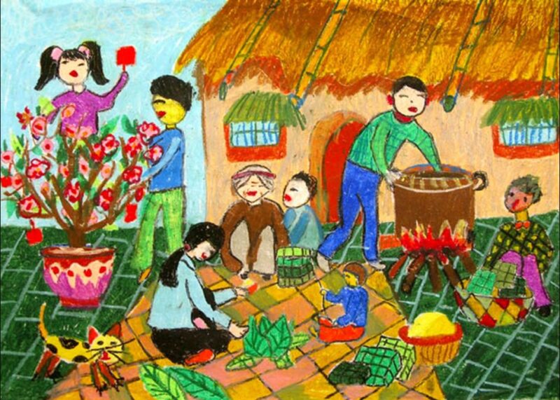 Vẽ tranh cuộc sống sinh hoạt gói và nấu bánh chưng