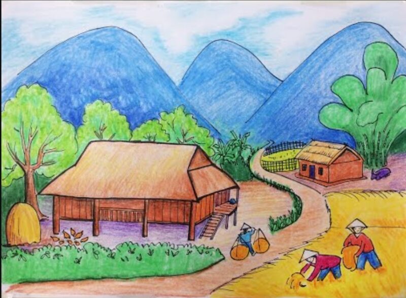 Vẽ tranh cuộc sống sinh hoạt ngày mùa quê em