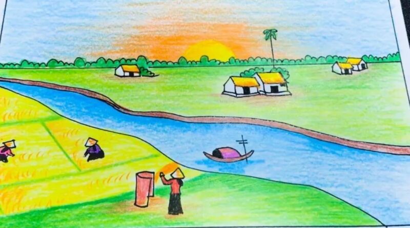 Vẽ tranh cuộc sống sinh hoạt thu hoạch lúa