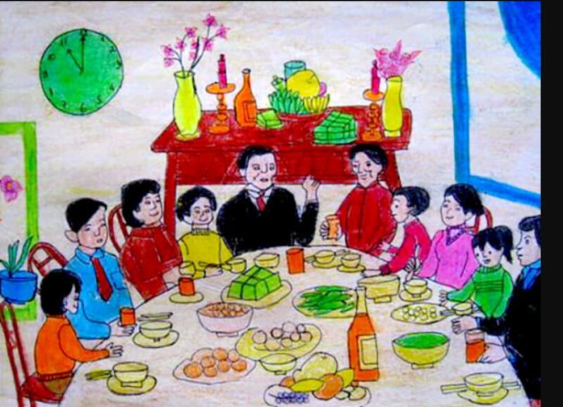 Vẽ tranh cuộc sống sinh hoạt tiệc ngày Tết