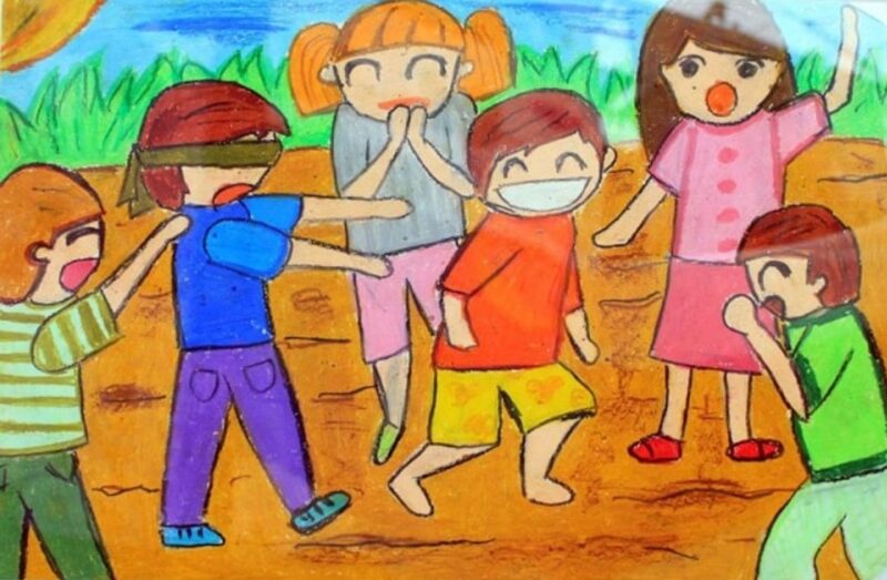 Vẽ tranh cuộc sống vui chơi bịt mắt bắt dê