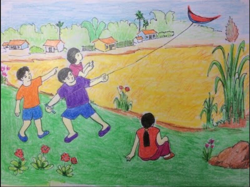 Vẽ tranh cuộc sống vui chơi thả diều