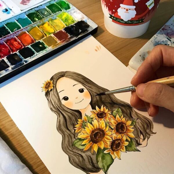 Vẽ tranh đề tài dễ thương cô gái ôm hoa hướng dương