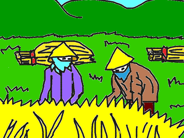 Vẽ tranh về chủ đề bác nông dân gặt lúa