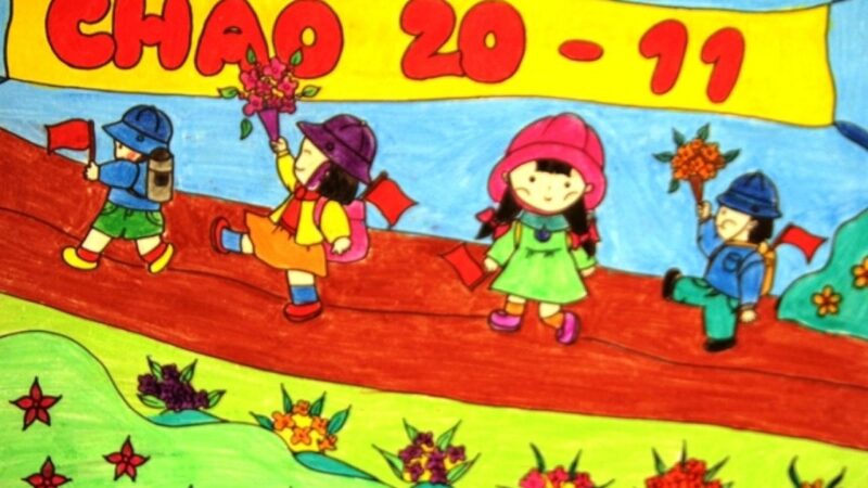 Vẽ tranh đề tài nhà giáo Việt Nam cầm hoa tặng cô