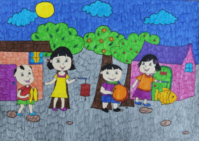 Vẽ tranh đề tài trung thu cùng đi rước đèn