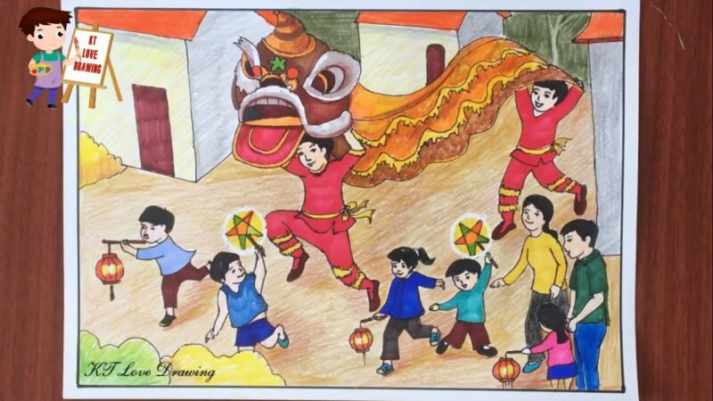 Vẽ tranh đề tài Trung thu múa lân cho học sinh lớp 3
