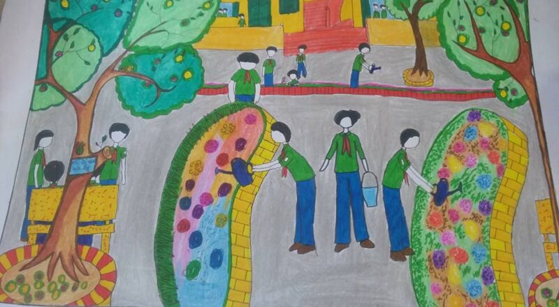 vẽ tranh đề tài trường học hạnh phúc chăm sóc hoa vườn trường