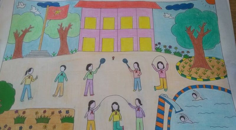 vẽ tranh đề tài trường học hạnh phúc được vui chơi, bơi lội