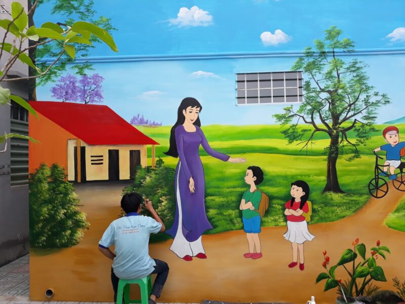 Vẽ tranh đề tài tường mầm non đẹp có cô giáo