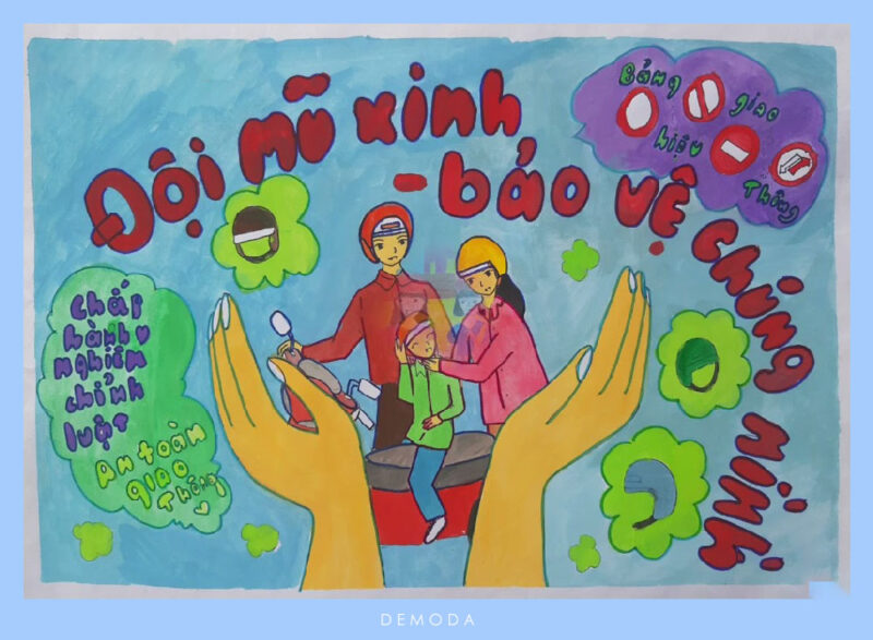 vẽ tranh đội mũ xinh bảo vệ chúng mình