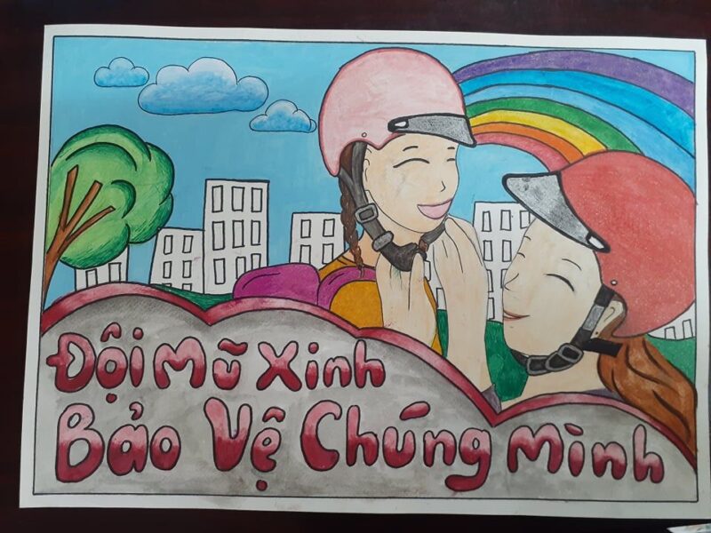 vẽ tranh đội mũ xinh bảo vệ chúng mình tham gia giao thông cùng mẹ