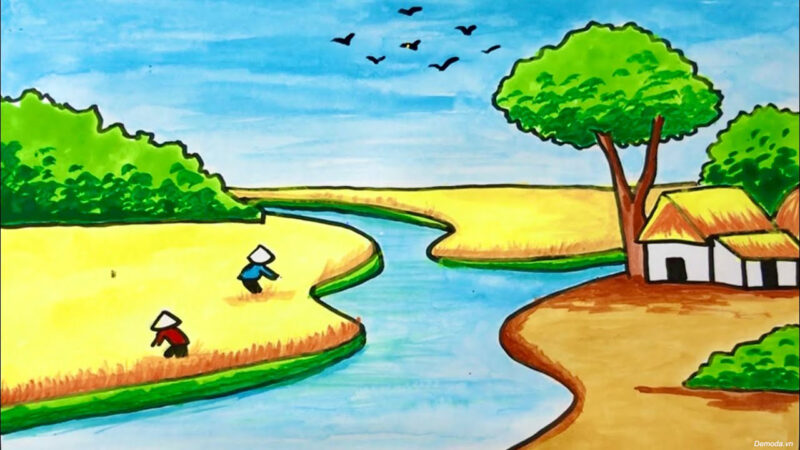 Vẽ tranh đồng quê đơn giản bằng màu nước