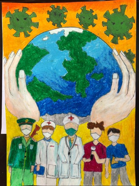 vẽ tranh em yêu màu áo xanh chiến đấu với dịch bệnh bảo vệ trái đất