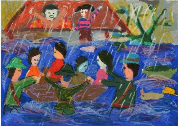 vẽ tranh em yêu màu áo xanh giúp đỡ người dân trong cơn nước lũ