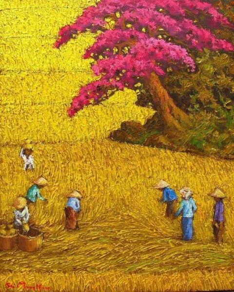 Vẽ tranh gặt lúa bằng sơn dầu