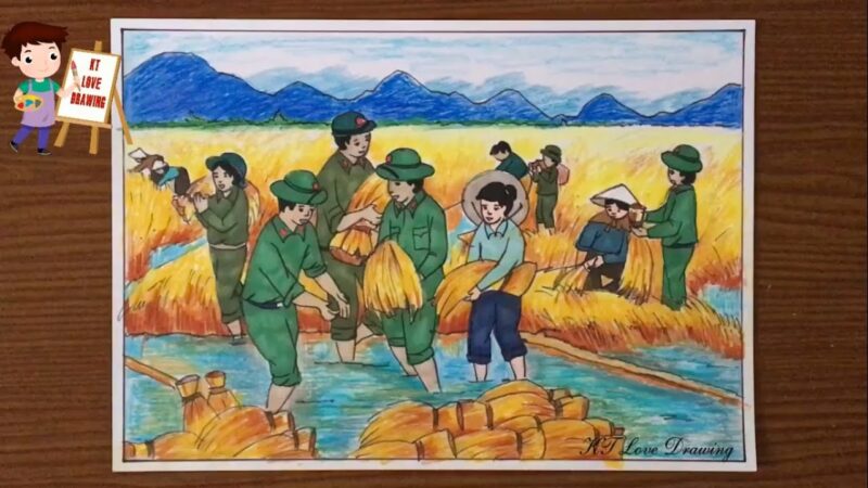 Vẽ tranh gặt lúa chú bộ đội giúp dân
