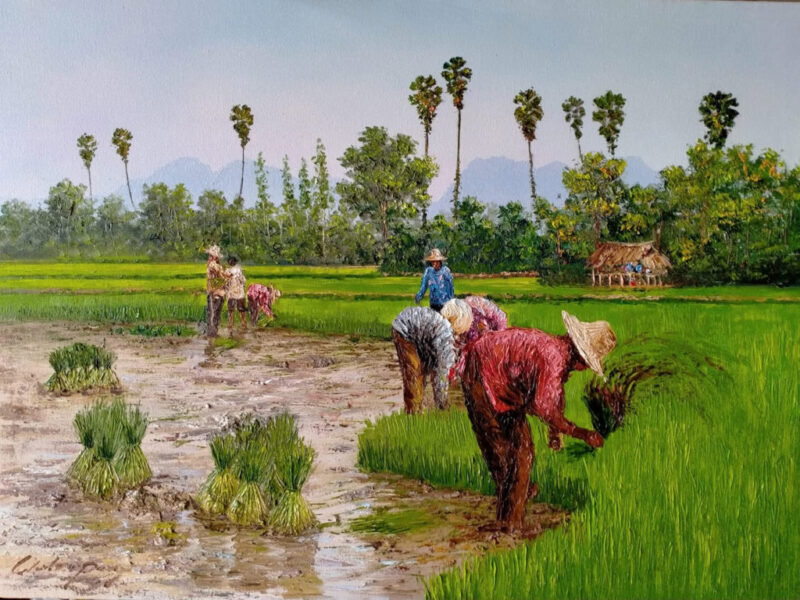 Tranh nông dân nông thôn gặt lúa
