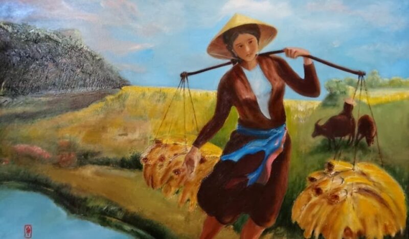Vẽ tranh gặt lúa nông dân gánh lúa về