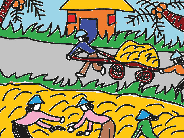 Vẽ tranh gặt lúa và kéo lúa về nhà