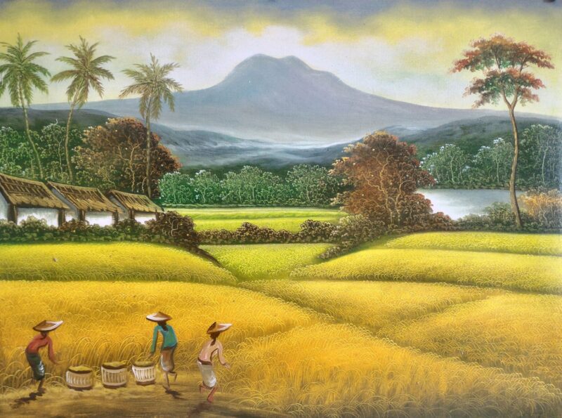 Thu hoạch lúa và tranh phong cảnh núi non