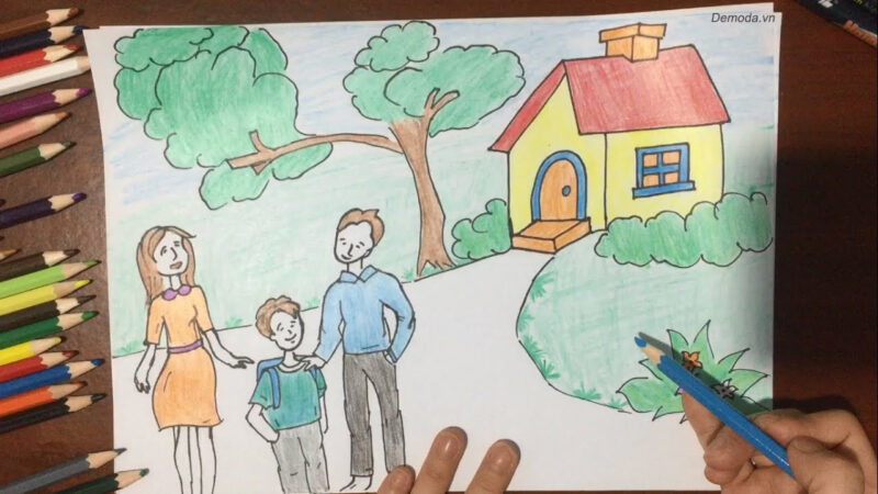 Vẽ tranh gia đình 3 người hạnh phúc đơn giản