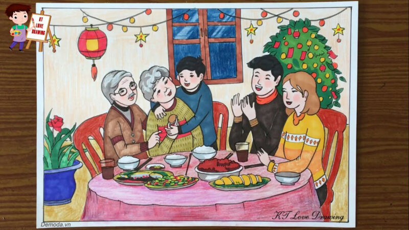 Vẽ tranh gia đình trong bữa cơm mùa Noel